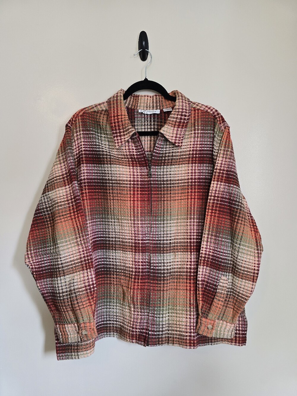 Dressbarn Plaid Waffle Knit Zip Shirt Jacket 2X Red Brown 100% Cotton